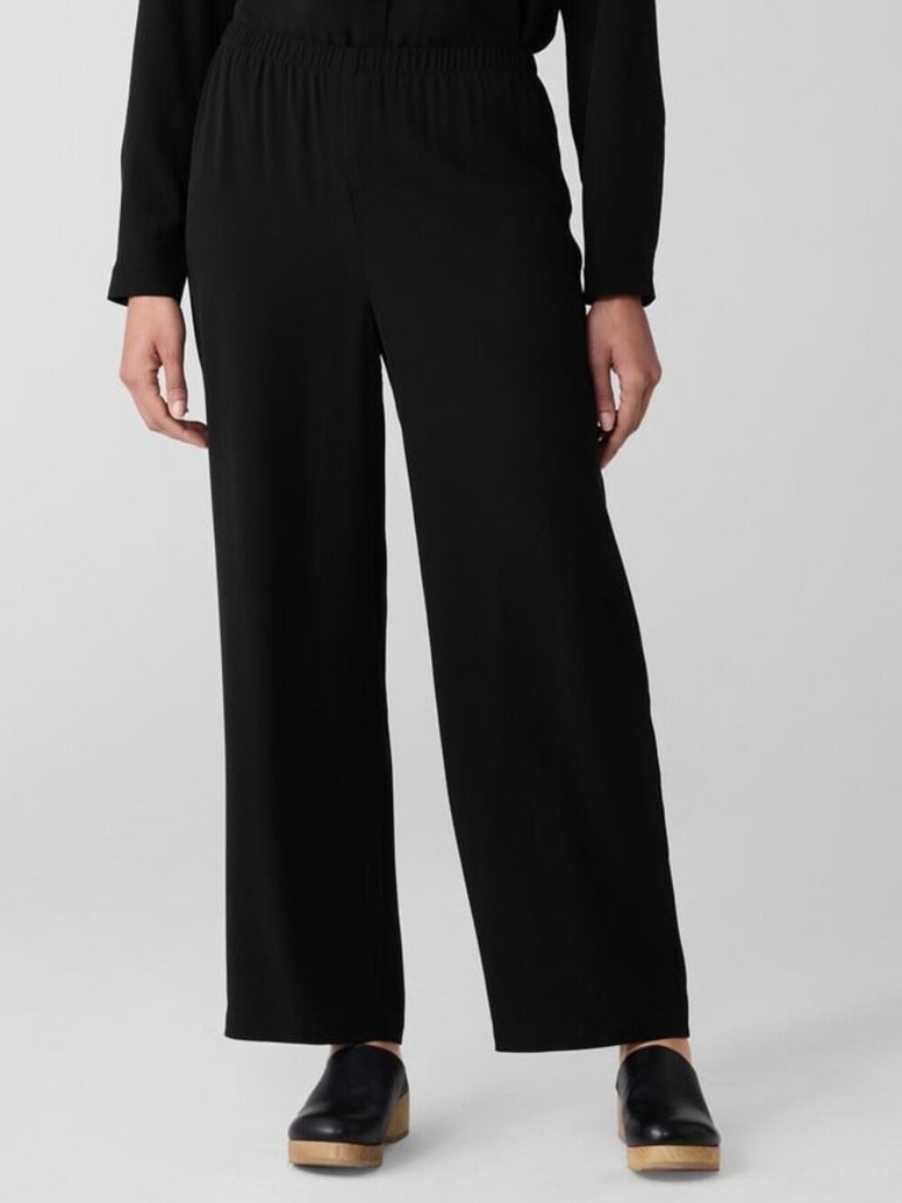 Eileen Fisher Silk Georgette Crepe Straight Pant Size Large Black Career Office